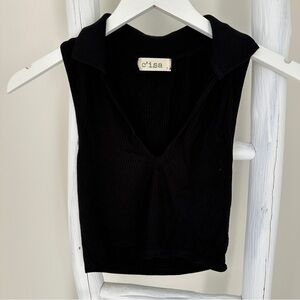 C'isa Black Ribbed Collared V Neck Crop Top Size Small